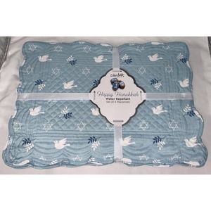 NEW COLORDRIFT HANUKKAH PLACEMATS STAR OF DAVID DOVE BLUE WATER REPELLENT SET/4